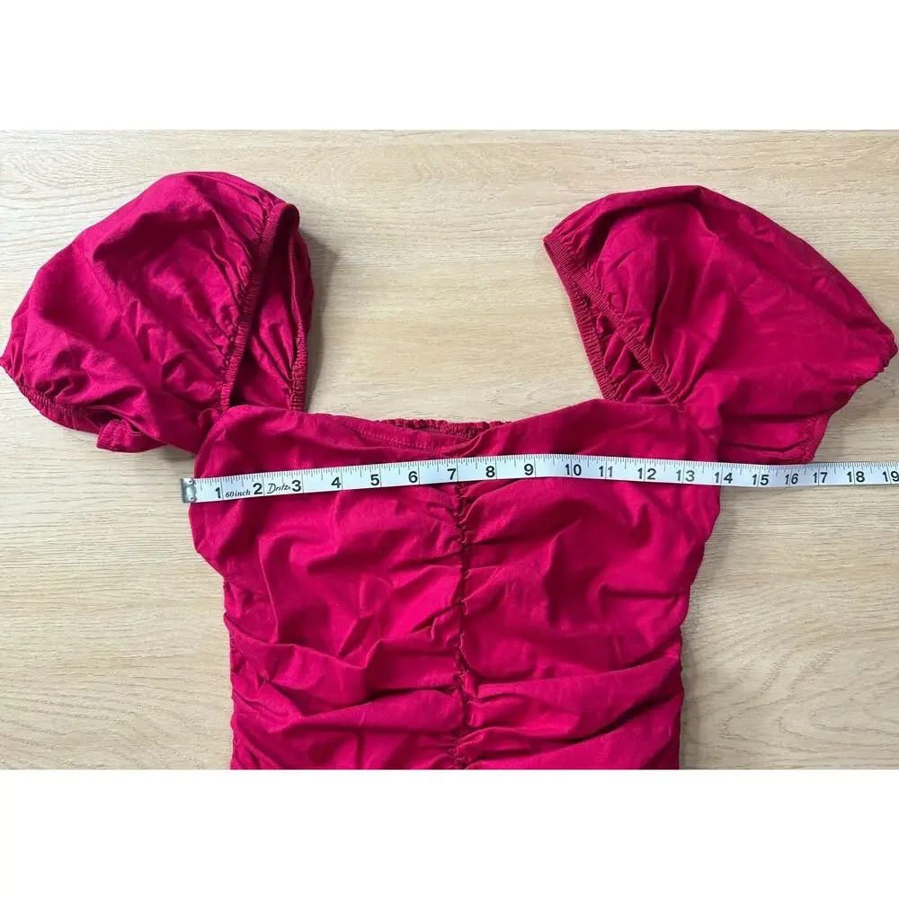 Reformation Women's 4 Magenta Puff Sleeve Ruched Top Sweetheart Smocked Cotton